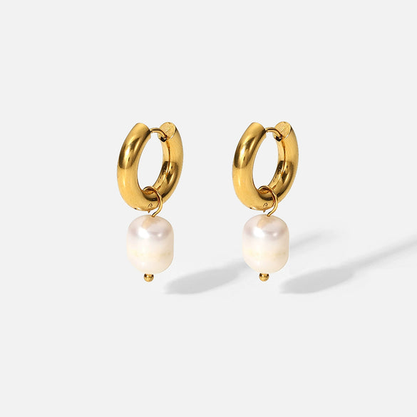 Simple Ins Style Stainless Steel Earrings With Natural Freshwater Pearl Pendant Electroplated Geometric Design For Women