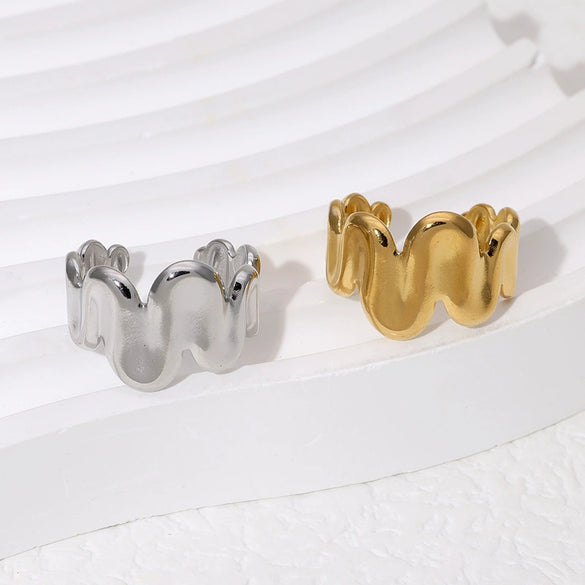Simple Irregular Stainless Steel 18K Gold Plated Open Ring With Geometric Design And Cold Wind Wave Advanced Sense For Women