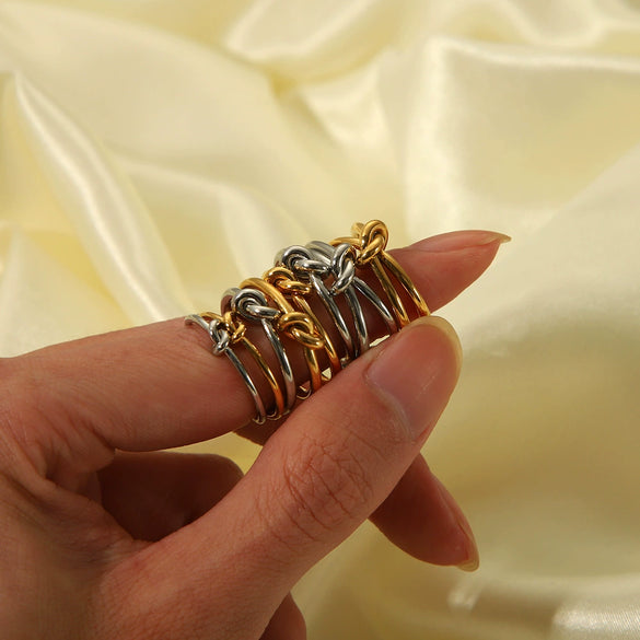 Simple Knotted Stainless Steel Opening Ring With Vacuum Real Gold Electroplating In Pvd Furnace