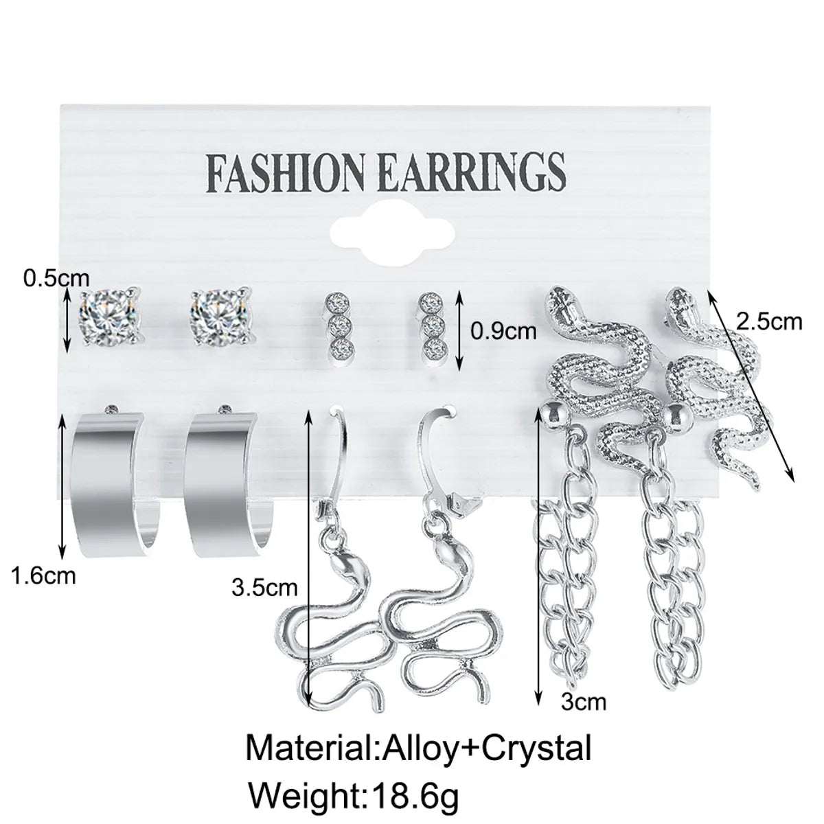 Simple Letter C-shaped Snake-shaped Rhinestone-studded Earrings Set 6 Pairs