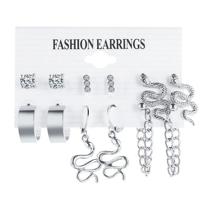 Simple Letter C-shaped Snake-shaped Rhinestone-studded Earrings Set 6 Pairs