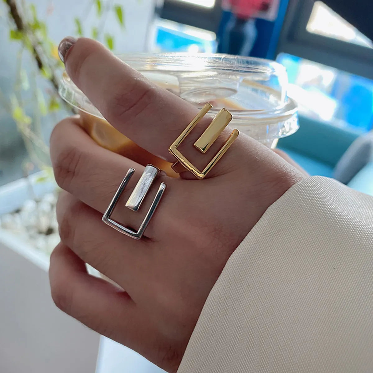 Simple Letter E Shape Fashion Design Punk Geometric Ring