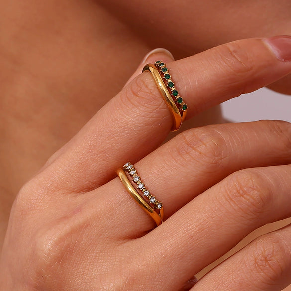 Simple Light Luxury Elegant Fashion Ring Jewelry Stainless Steel Niche Exquisite Zircon Double Layer Geometric Electroplated Ring