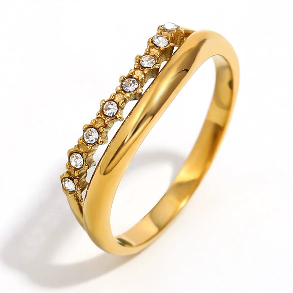 Simple Light Luxury Elegant Fashion Ring Jewelry Stainless Steel Niche Exquisite Zircon Double Layer Geometric Electroplated Ring