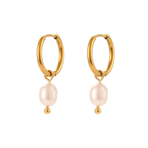 Simple Light Luxury Fashion Women's Earrings Stainless Steel 18K Gold Plated With Freshwater Pearl Geometric Design