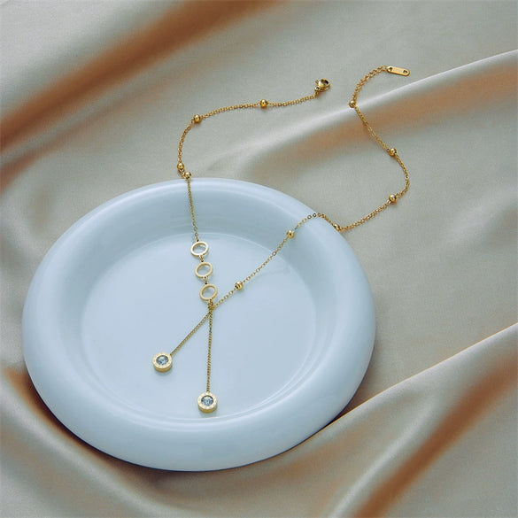 Simple Light Luxury Long Tassel Diamondembedded Irregular Circle Pendant Titanium Steel Necklace With Geometric Pattern And Electroplating Treatment