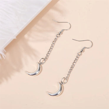 Simple Long Silver Chain Moon Earrings