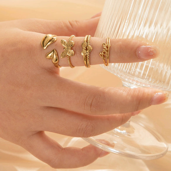 Simple Love Heart Shaped Bow Titanium Steel Opening Adjustable Ring With Electroplating