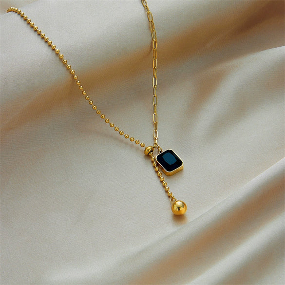 Simple Metal Titanium Steel Square Round Beads Asymmetric Pull Adjustable Clavicle Necklace With Geometric Design And Electroplating Treatment