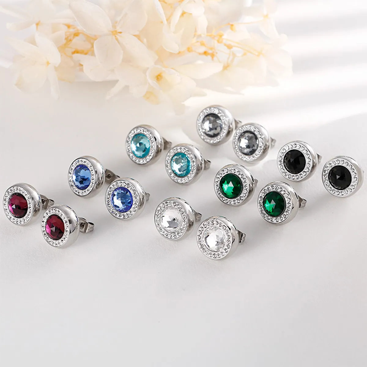 Simple Multi-color Titanium Steel Round Crystal Glass Micro Diamonds Ear Studs Two-piece Set Wholesale Gooddiy