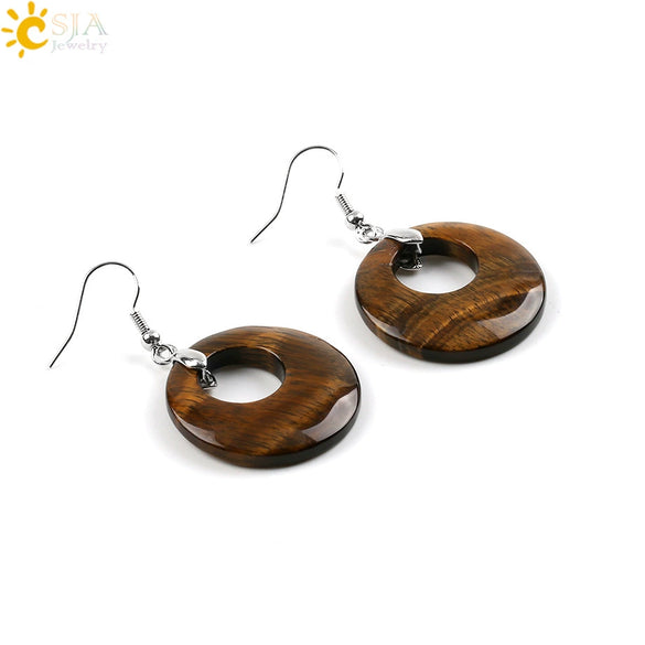Simple Natural Stone Agate Crystal Round Earrings With Copper Accessories Peace Buckle Style Jewelry