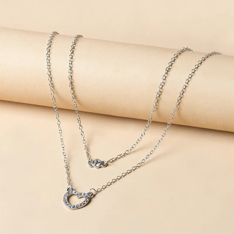 Simple New Small Round Rhinestone Heart Circle Double Layer Necklace