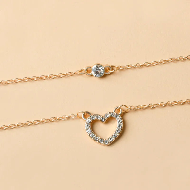 Simple New Small Round Rhinestone Heart Circle Double Layer Necklace