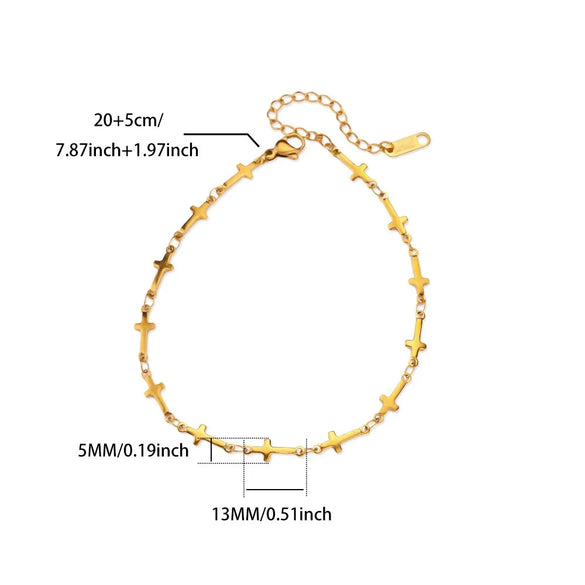 Simple New Style 18K Gold Plated Stainless Steel Women's Anklet With Heart Shaped Cross And Luo Blade Chain
