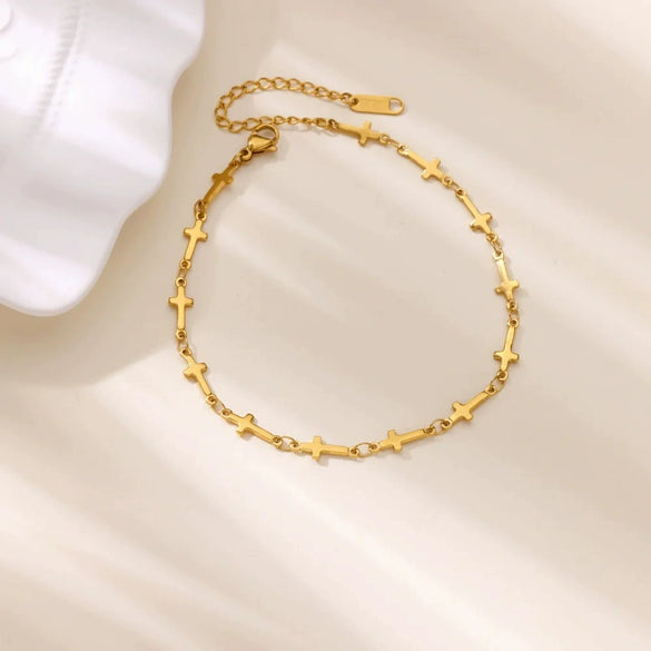Simple New Style 18K Gold Plated Stainless Steel Women's Anklet With Heart Shaped Cross And Luo Blade Chain