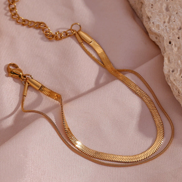 Simple Niche Light Luxury Women's Stainless Steel Doublelayer Stitching Bracelet With Golden Snake Chain And Blade Chain Geometric Style Electroplated