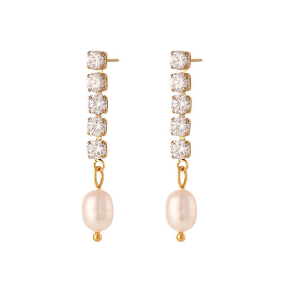 Simple Niche Light Luxury Women's Stainless Steel Freshwater Pearl Earrings With Zircon Chain And Geometric Design Electroplated