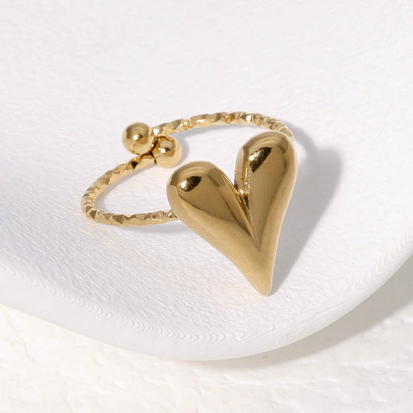 Simple Nonfading Loveshaped Open Ring French Retro Style Highgrade Goldplated Stainless Steel