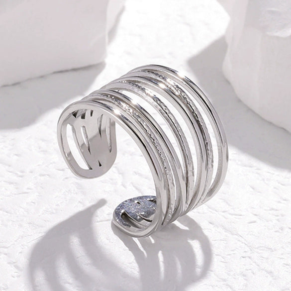 Simple Nonfading Wide Version Opening Index Finger Ring In Titanium Steel And Stainless Steel With Geometric Pattern And Electroplating Treatment
