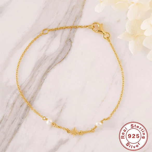 Simple Octagonal Star Freshwater Pearl S925 Sterling Silver Ladies Bracelet With Geometric Design And Electroplating