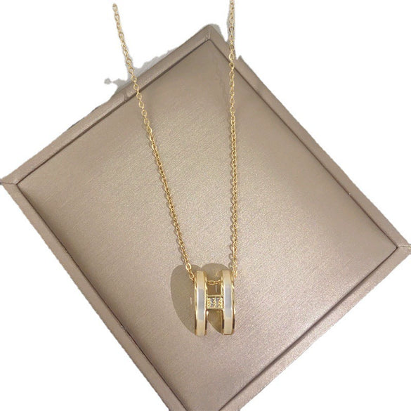Simple Opal Diamond H Letter Titanium Steel Necklace Multiple Colors Letter Clavicle Chain With Inlaid Jade Process