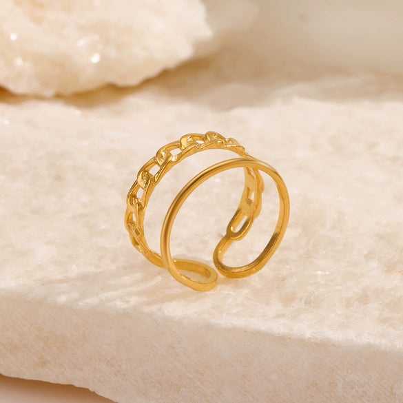 Simple Open Adjustable Ladies Stainless Steel Ring With Geometric Pattern 18K Gold Plated