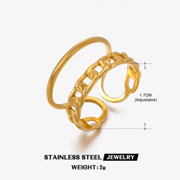 Simple Open Adjustable Ladies Stainless Steel Ring With Geometric Pattern 18K Gold Plated