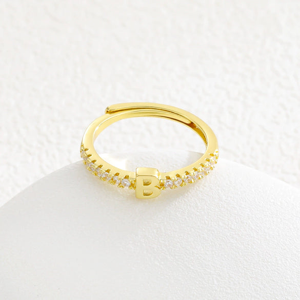 Simple Opening Adjustable Brass Plated Letter Ring Copper Inlaid With Zircon Letter Shaped