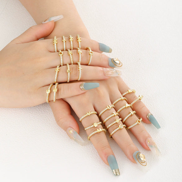 Simple Opening Adjustable Brass Plated Letter Ring Copper Inlaid With Zircon Letter Shaped
