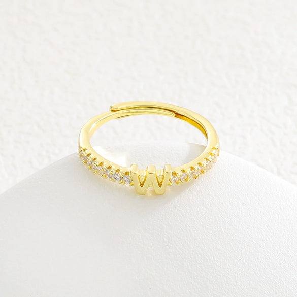 Simple Opening Adjustable Brass Plated Letter Ring Copper Inlaid With Zircon Letter Shaped