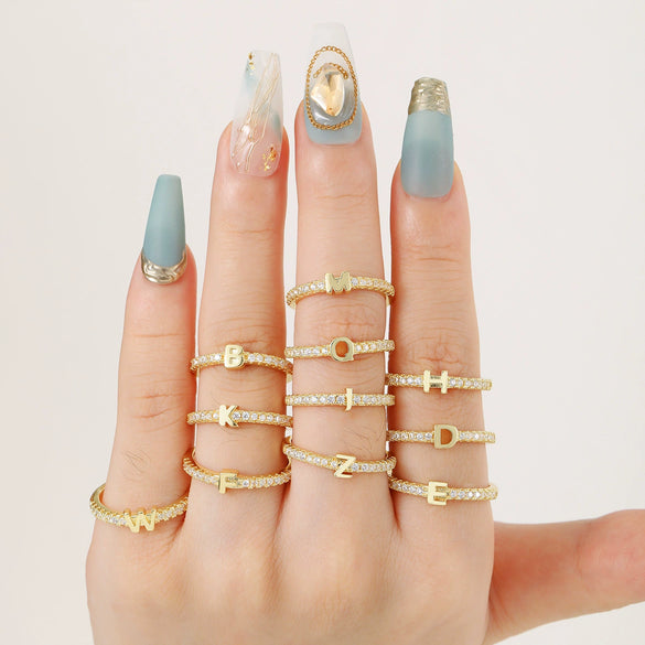 Simple Opening Adjustable Brass Plated Letter Ring Copper Inlaid With Zircon Letter Shaped