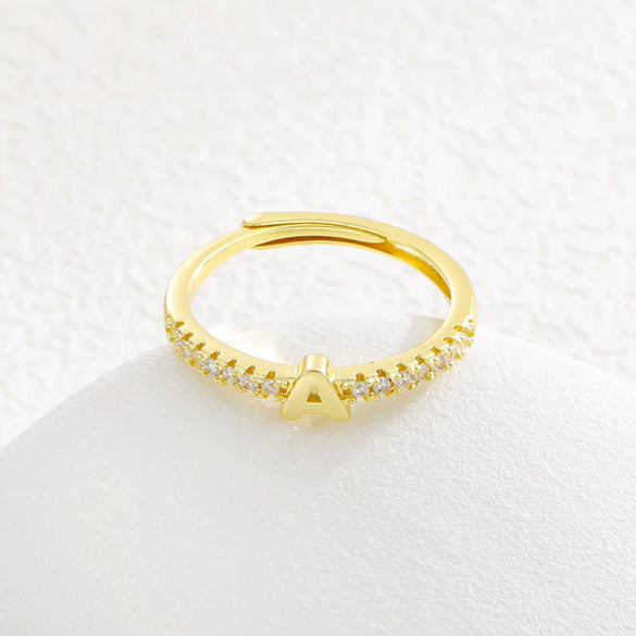 Simple Opening Adjustable Brass Plated Letter Ring Copper Inlaid With Zircon Letter Shaped