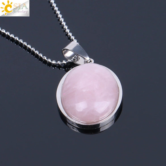 Simple Oval Convex Natural Crystal Pendant Necklace With Ball Chain Unisex Minimalist Jewelry