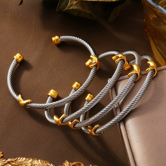 Simple Personality Twist Steel Wire Opening Adjustable All Match Bracelet In Stainless Steel With Electroplating