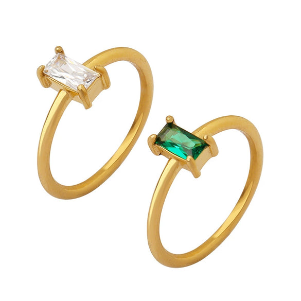 Simple Plain Square Finger Ring Inlaid With White And Green Zircon Fadeless Niche Design Titanium Steel Electroplating For Women