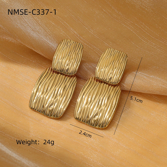 Simple Pleated Texture Stainless Steel Electroplated Rectangular Women's Earrings