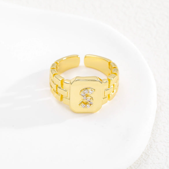 Simple Retro Adjustable Open Ring Copper With Zirconia 26 English Letters Design