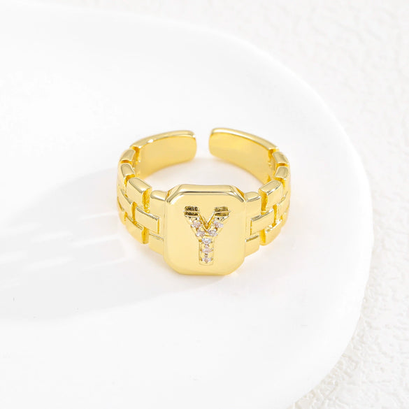 Simple Retro Adjustable Open Ring Copper With Zirconia 26 English Letters Design