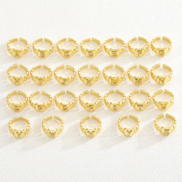 Simple Retro Adjustable Open Ring Copper With Zirconia 26 English Letters Design