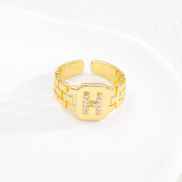Simple Retro Adjustable Open Ring Copper With Zirconia 26 English Letters Design