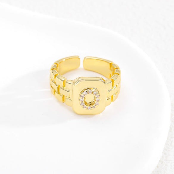 Simple Retro Adjustable Open Ring Copper With Zirconia 26 English Letters Design