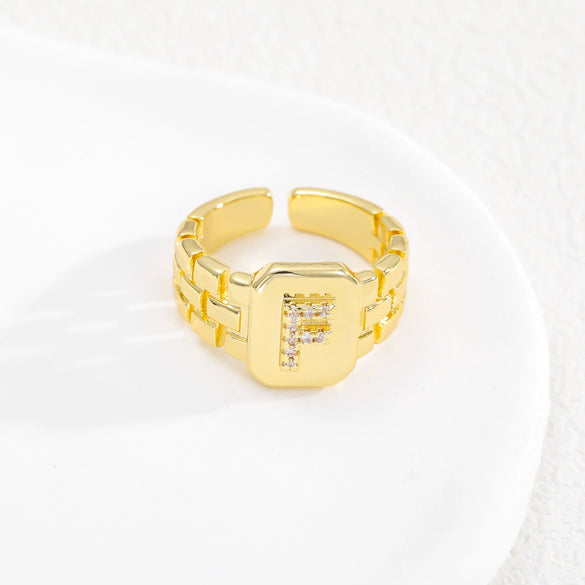 Simple Retro Adjustable Open Ring Copper With Zirconia 26 English Letters Design