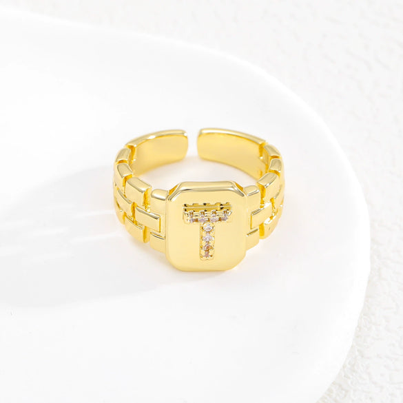 Simple Retro Adjustable Open Ring Copper With Zirconia 26 English Letters Design