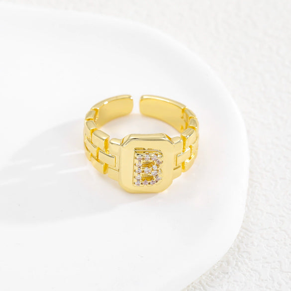 Simple Retro Adjustable Open Ring Copper With Zirconia 26 English Letters Design