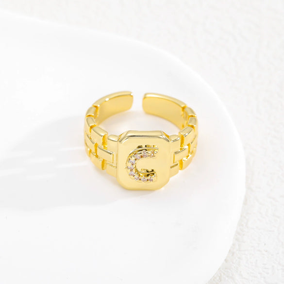 Simple Retro Adjustable Open Ring Copper With Zirconia 26 English Letters Design