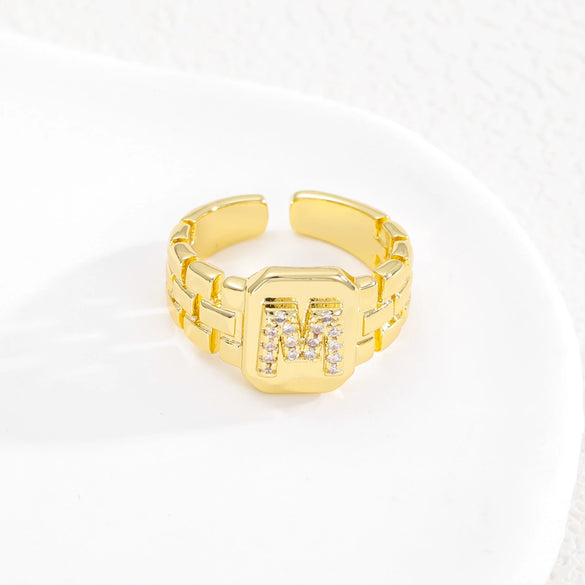 Simple Retro Adjustable Open Ring Copper With Zirconia 26 English Letters Design