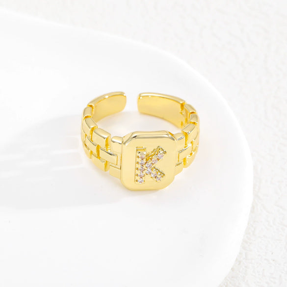 Simple Retro Adjustable Open Ring Copper With Zirconia 26 English Letters Design