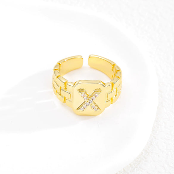 Simple Retro Adjustable Open Ring Copper With Zirconia 26 English Letters Design