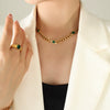 Simple Retro Choker Jewelry Set With Titanium Steel Gold Plated Cuban Chain And Inlaid White Green Zircon