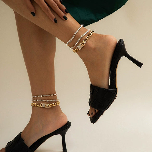 Simple Retro Copper Rhinestone Geometric Chain Anklet With Claw Set Artificial Gemstones Unisex Foot Jewelry